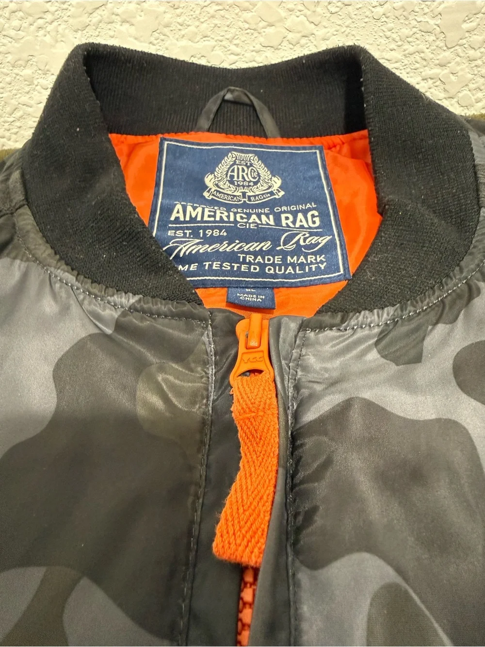 American Rag Gray Camo Bomber Jacket with Orange Lining